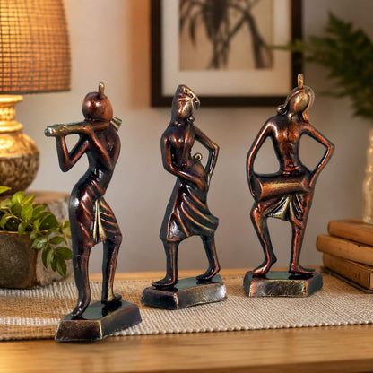 Niharika Collections Handmade Clay Terracotta Abstract Sculpture | Home Décor & Gift | Cultural Art | Tribal Dance Group Idol (Bronze Color, Set of 3)