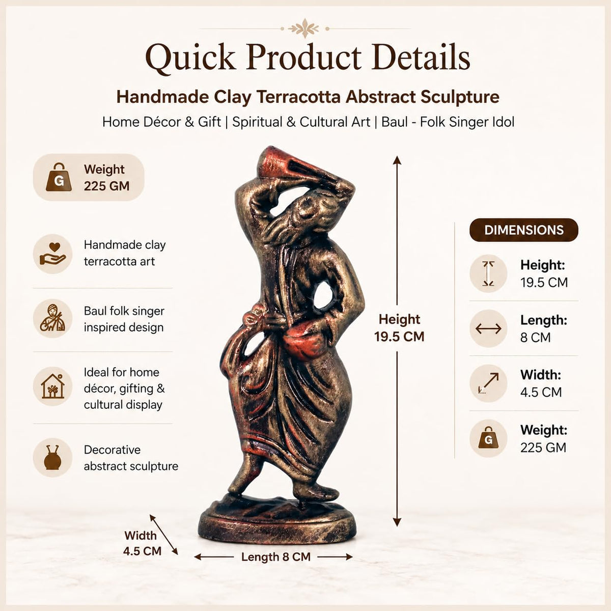 Niharika Collections Handmade Clay Terracotta Abstract Sculpture | Home Décor & Gift | Spiritual & Cultural Art | Baul - Folk Singer Idol (Color Golden)