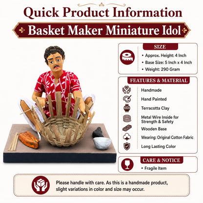 Niharika Collections Krishnanagar Handmade Terracotta Clay Basket Maker Miniature Idol Man | Basic Traditional Indian Home Decor, Golu Display and Gifting