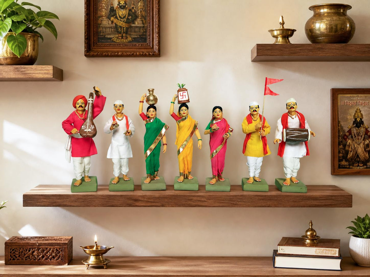 Niharika Collections Handmade Terracotta Clay Idols 6 Inch Clay Figurines Set of 7 | Traditional Handcrafted Pandharpur Warkari for Home Mandir, Navratri Decor, Golu and Gifting