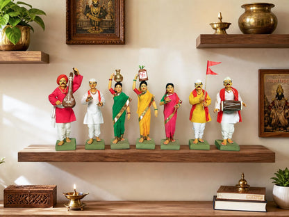 Niharika Collections Handmade Terracotta Clay Idols 6 Inch Clay Figurines Set of 7 | Traditional Handcrafted Pandharpur Warkari for Home Mandir, Navratri Decor, Golu and Gifting