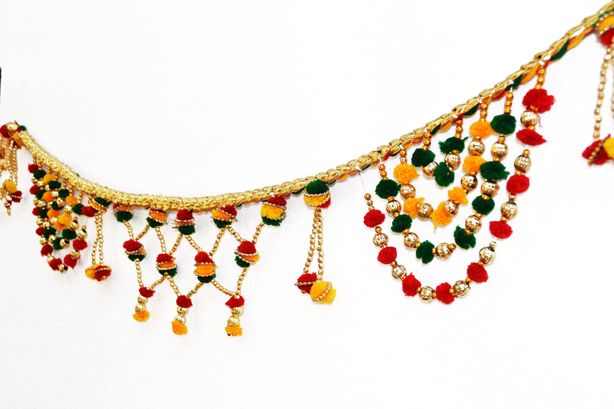 Pom Pom Toranam Hanging Bandhanwar for Door Wall, Handmade Multicolor Golden Beads Toran for Diwali Navratri Onam Festival