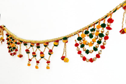 Pom Pom Toranam Hanging Bandhanwar for Door Wall, Handmade Multicolor Golden Beads Toran for Diwali Navratri Onam Festival