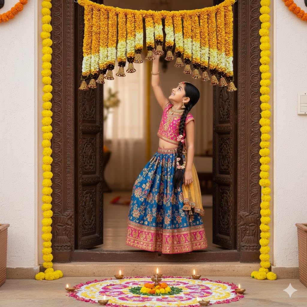Yellow Toran for Main Door Entrance, Bandarwal for Festival, Pooja Mandir & Wedding, Handmade Traditional Flower Hanging with Bell for Home & Office Decor