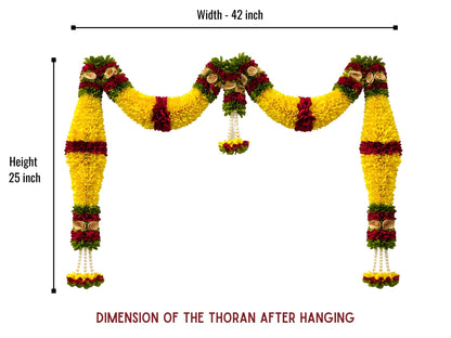 Yellow & Red Hanging Artificial Flower Toran for Main Door Entrance, Reusable Thoran for Pooja Mandir, Living Room & Home Décor, Bandarwal for Festival Decoration (42x25 inch)