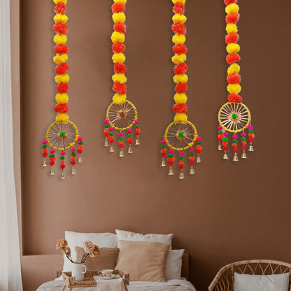 Artificial Marigold Fluffy Flowers Garland String with Bells Ring Pom Pom Rajasthani Wall Door Hanging Latkans Handmade Toran Decoration 2.9 Ft Height (4 Piece)