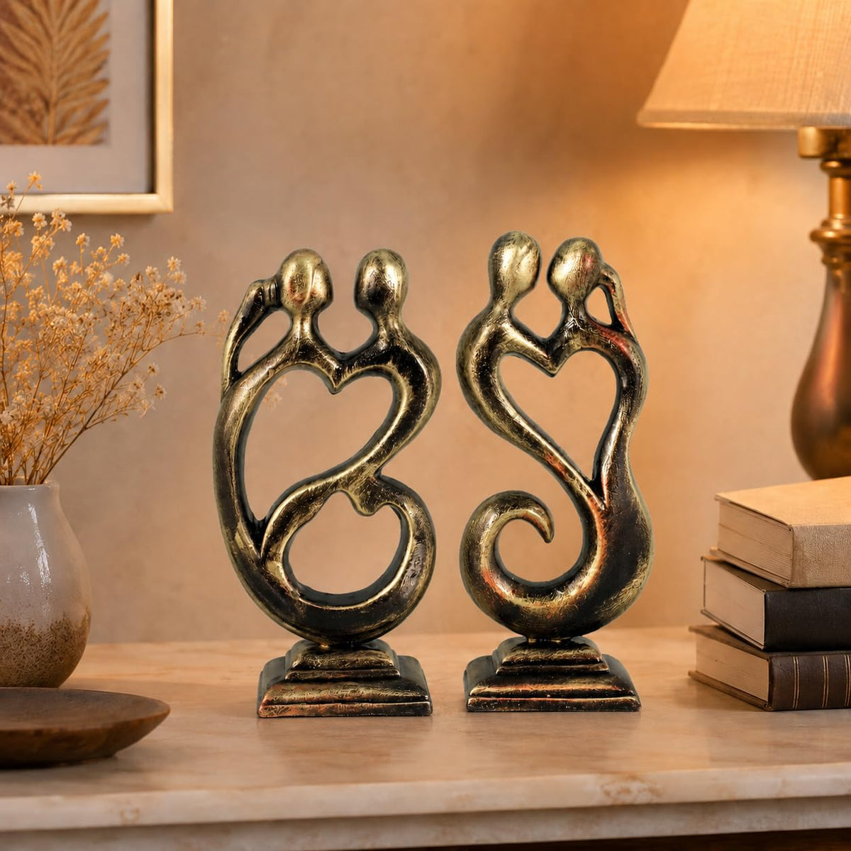Niharika Collections Handmade Clay Terracotta Abstract Sculpture | Home Décor & Gift | Cultural Art | Love Couple Idol (Golden Color, Set of 2)