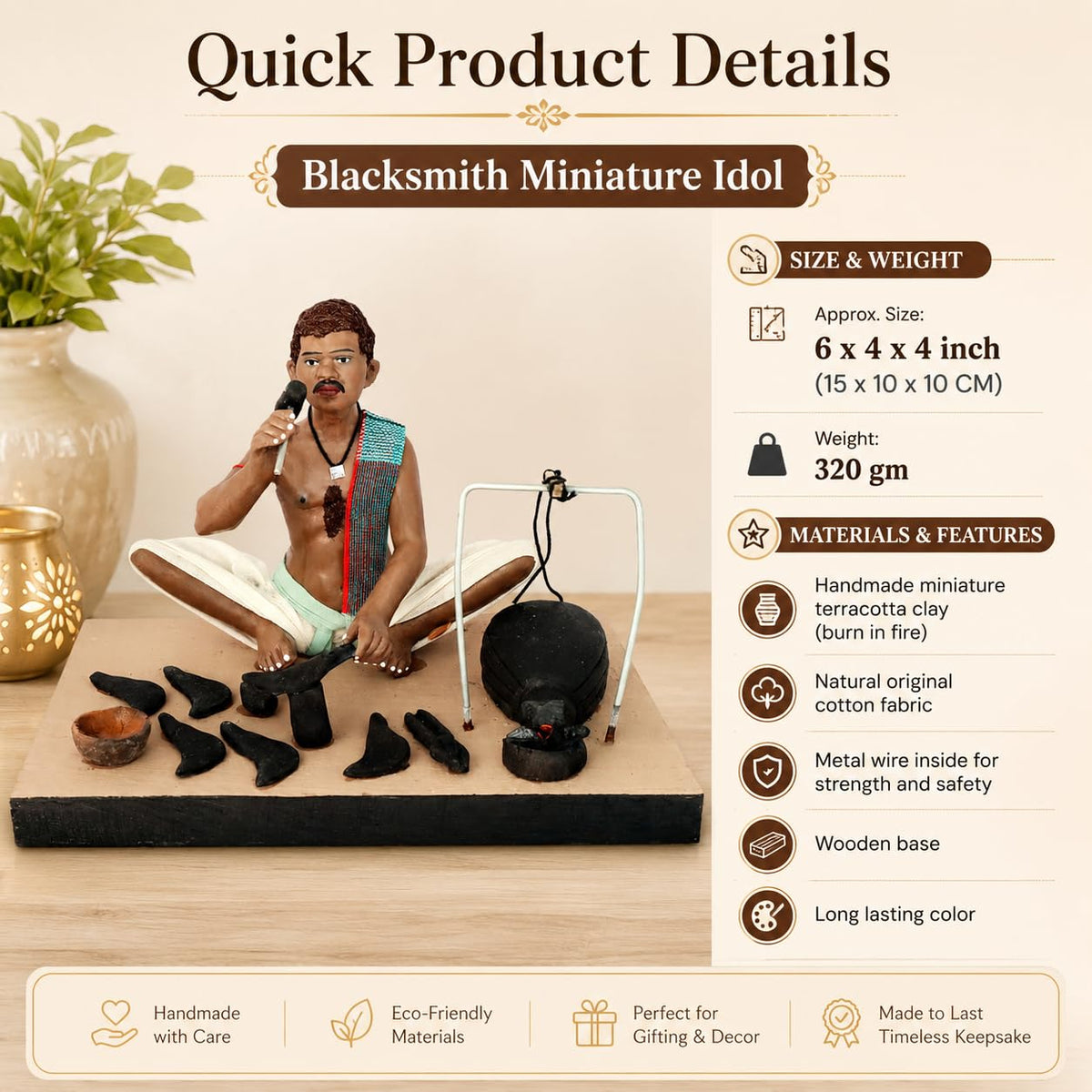 Niharika Krishnanagar Handmade Clay Blacksmith Idol for Home Décor & Gifting, Sitting Human Figure Miniature Showpiece, Multicolour Indian Art Figurine, 15.2 x 10.2 x 10.2 cm-1 Piece