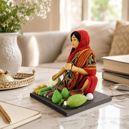 Niharika Collections Krishnanagar Handmade Terracotta Clay Woman Vegetable Seller Miniature Idol | Basic Sitting Human Figurine | Home Decor, Golu Display and Gifting