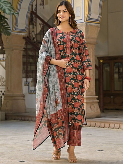 Dhiyona KL Women Floral Printed Round Neck Straight Kurta with Trousers & With Dupatta
