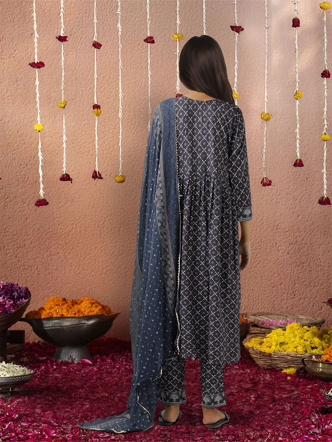 Dhiyona IS Women's Embroidered Pleated Kurta & Trousers With Dupatta