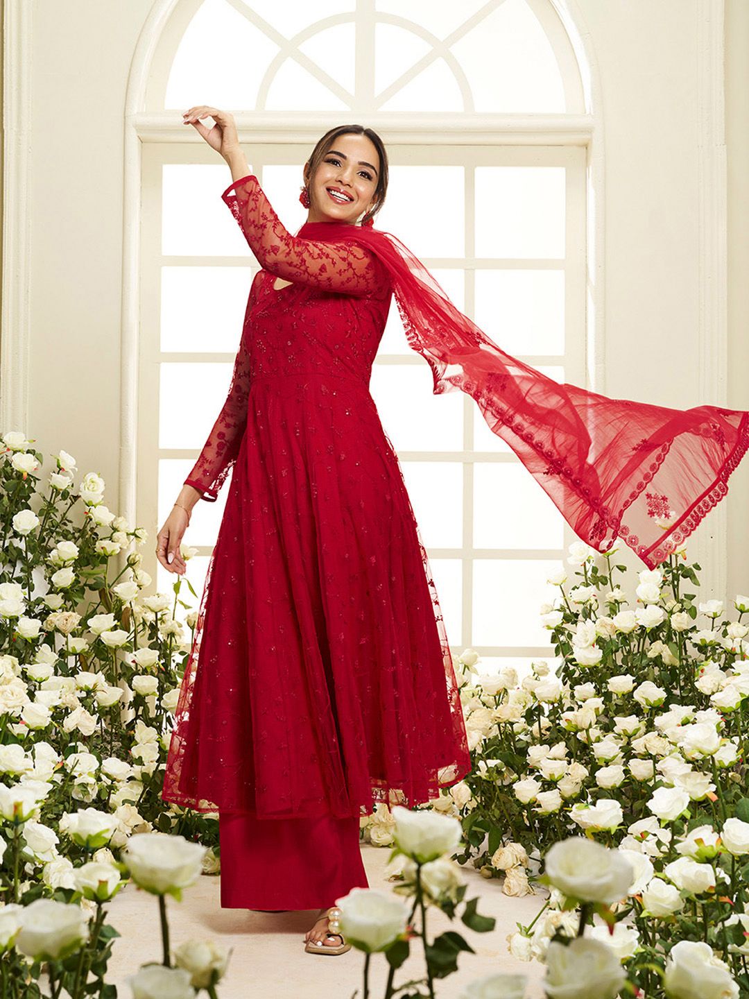 Dhiyona IN Floral Embroidered Round Neck Sequinned Anarkali Kurta With Palazzos & Dupatta
