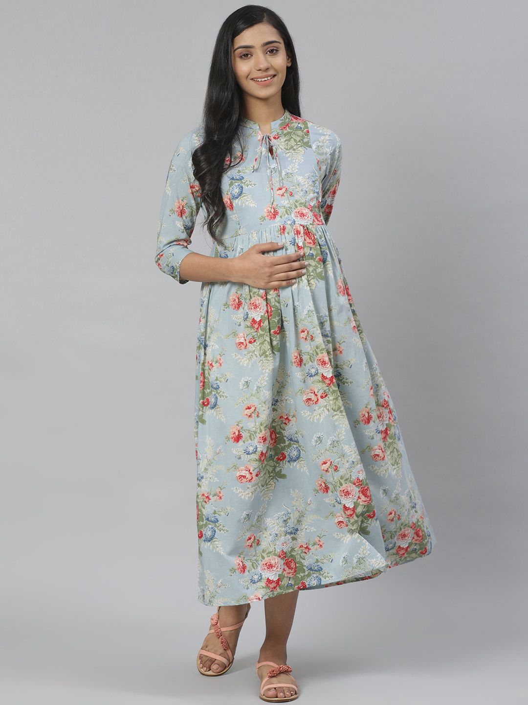 Dhiyona AY Women's Blue & Green Floral Printed Pure Cotton Maternity A-Line Dress