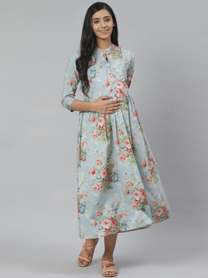 Dhiyona AY Women's Blue & Green Floral Printed Pure Cotton Maternity A-Line Dress