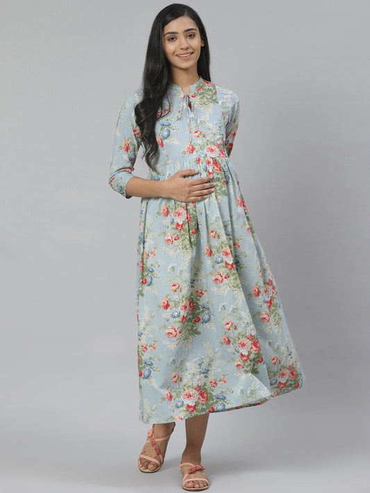 Dhiyona AY Women's Blue & Green Floral Printed Pure Cotton Maternity A-Line Dress