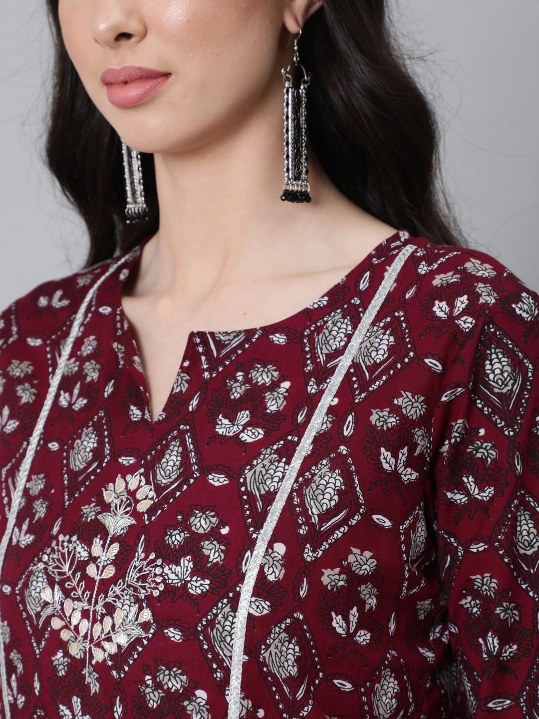Dhiyona IS Women's Women Maroon Ethnic Motifs Thread Work Pure Cotton Kurta with Trousers & With Dupatta