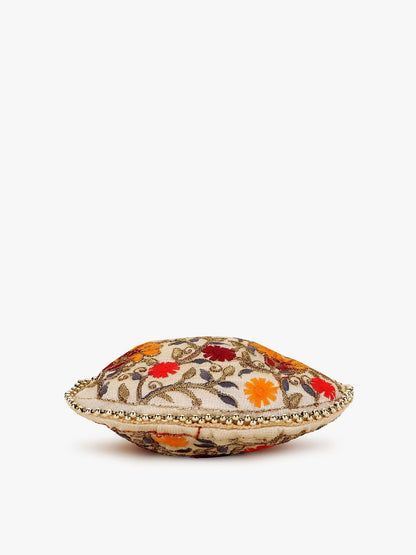 Dhiyona NR Girls Cream-Coloured & Red Floral Embroidered Tasselled Potli Clutch