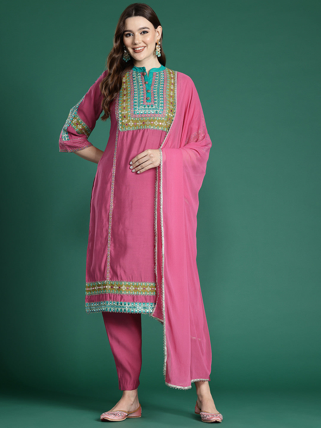 Ethnic Motifs Embroidered Panelled Mirror Work Kurta With Trousers & Dupatta