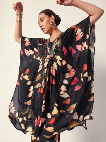 Dhiyona IS Women's Floral Printed Square Neck Sequinned Kaftan Kurta With Trousers