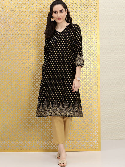 Dhiyona OD  Women Black Ethnic Motifs Printed V-Neck Straight Rozana Kurta
