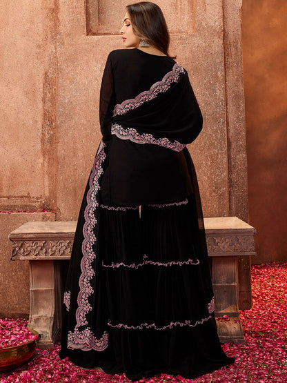 Dhiyona IN Women Black Ethnic Motifs Thread Work Kurta with Sharara & With Dupatta