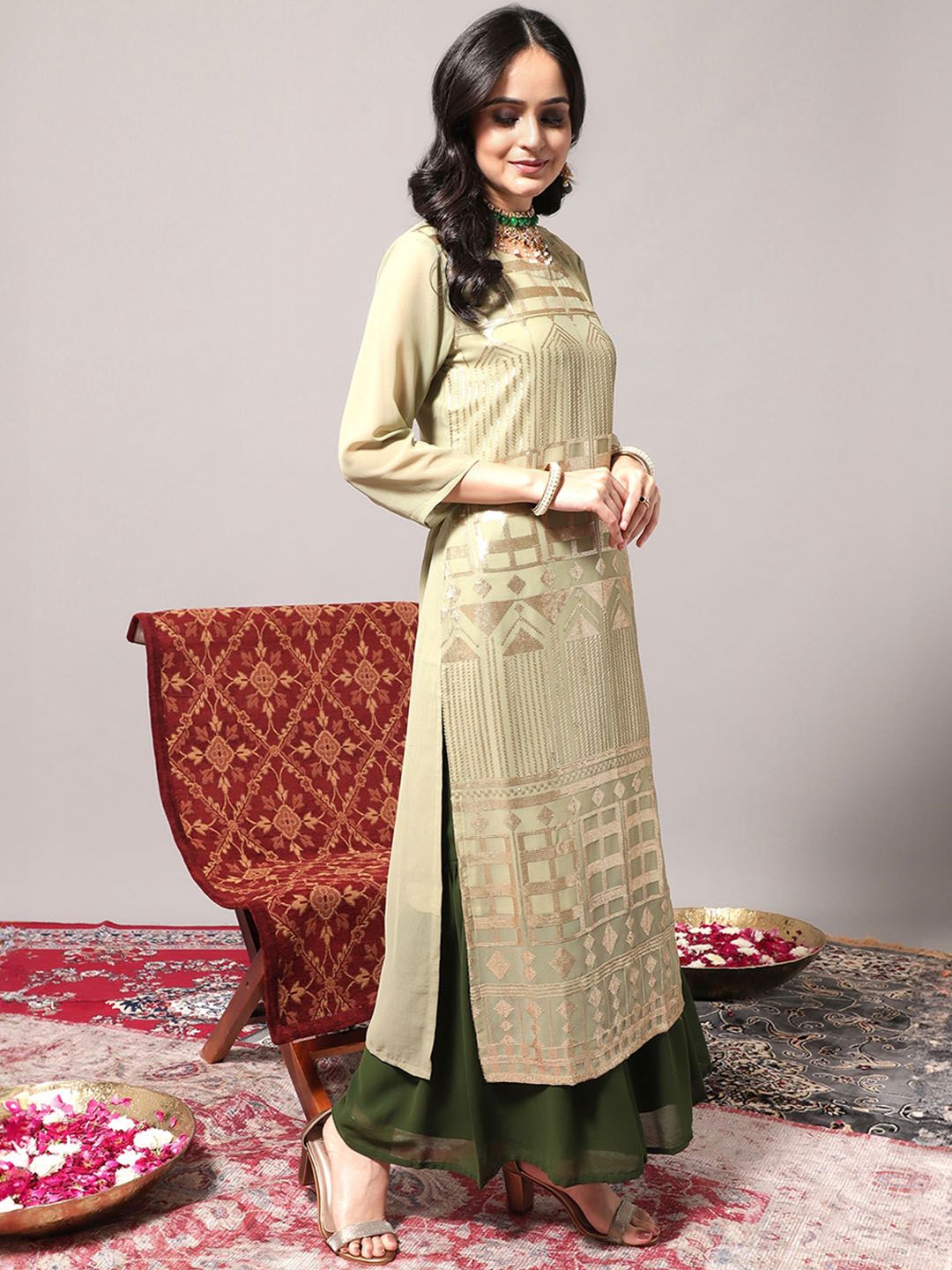 Dhiyona KL Embroidered Regular Sequinned Kurta With Palazzos & Dupatta