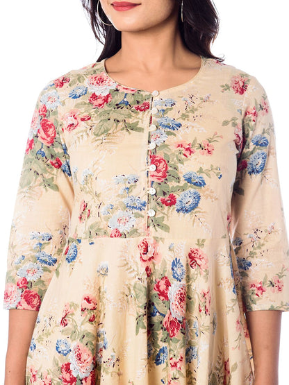 Dhiyona AY Women's Beige Printed Fit and Flare Dress