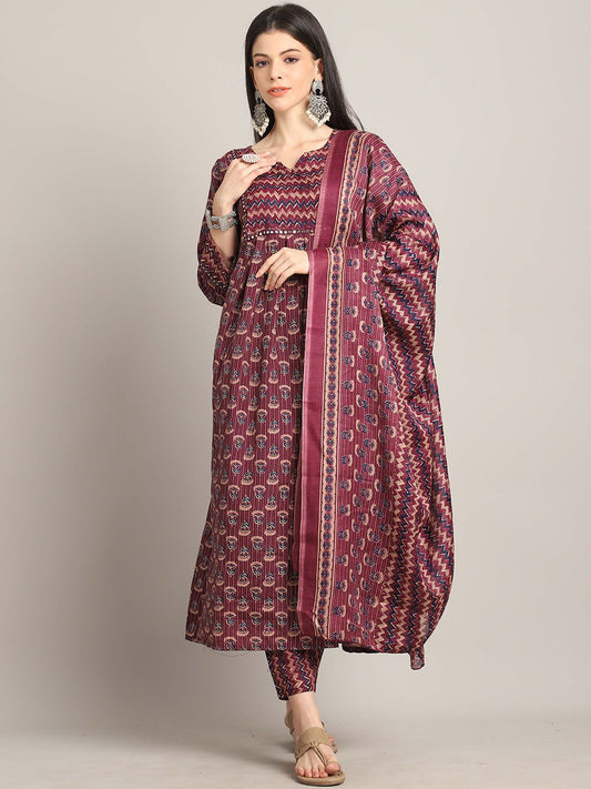 Dhiyona KL Floral Printed A-Line Kurta with Trousers & With Dupatta