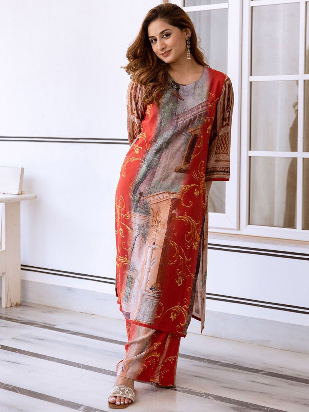 Dhiyona IS Women's Abstract Printed Round Neck Straight Kurta with Palazzos