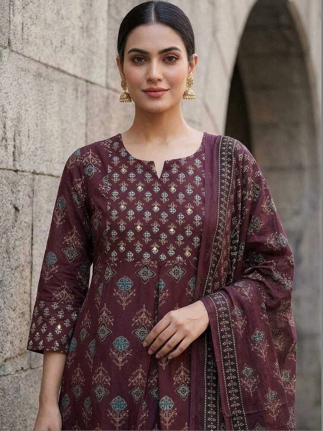 Women Ethnic Motifs Printed Regular Pure Cotton Kurta with Trousers & With Dupatta