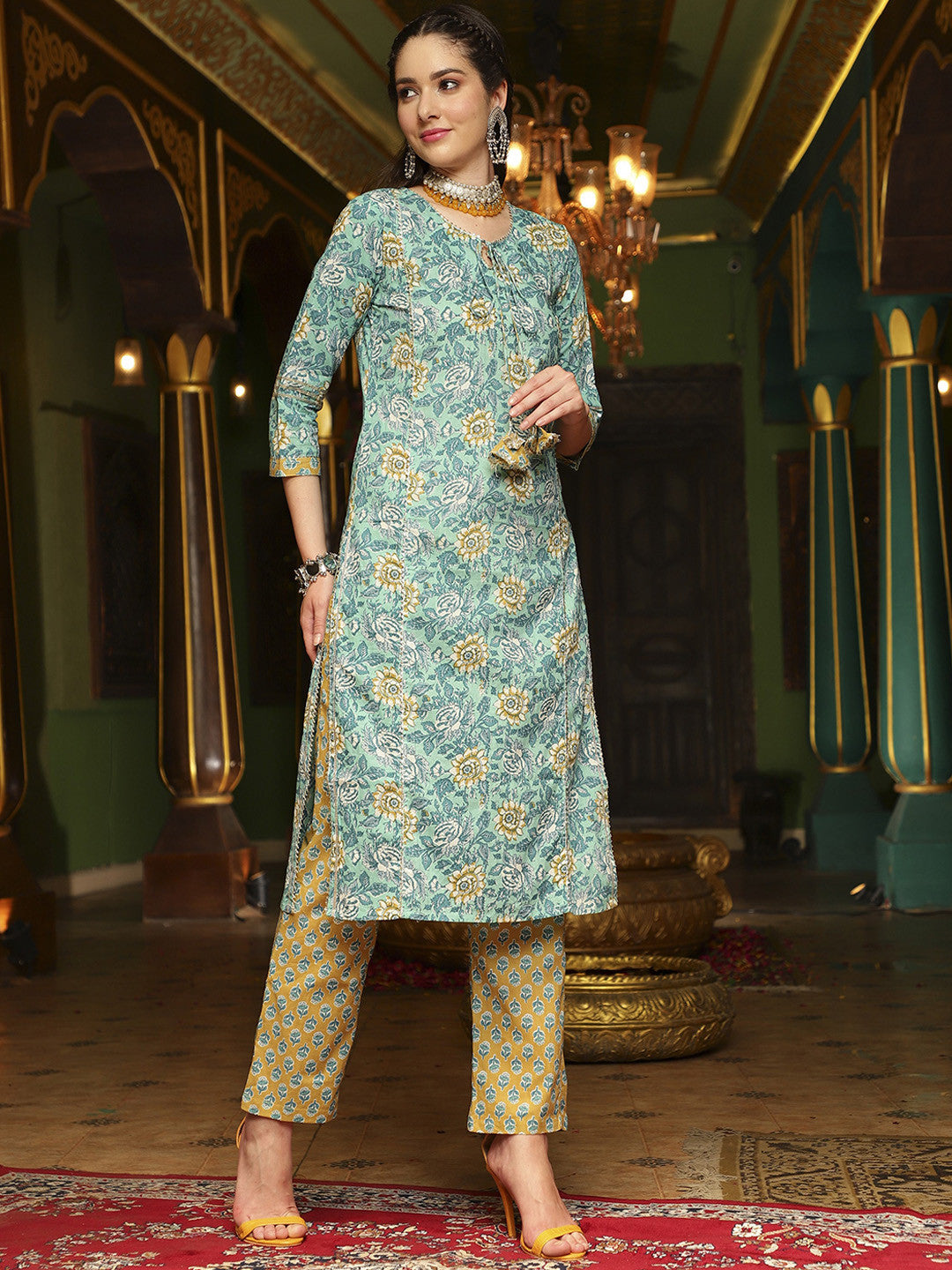 Floral Printed Pure Cotton Straight Kurta With Trouser & Dupatta Set