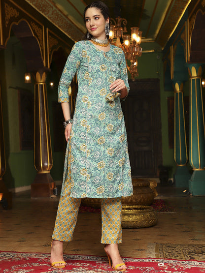 Floral Printed Pure Cotton Straight Kurta With Trouser & Dupatta Set