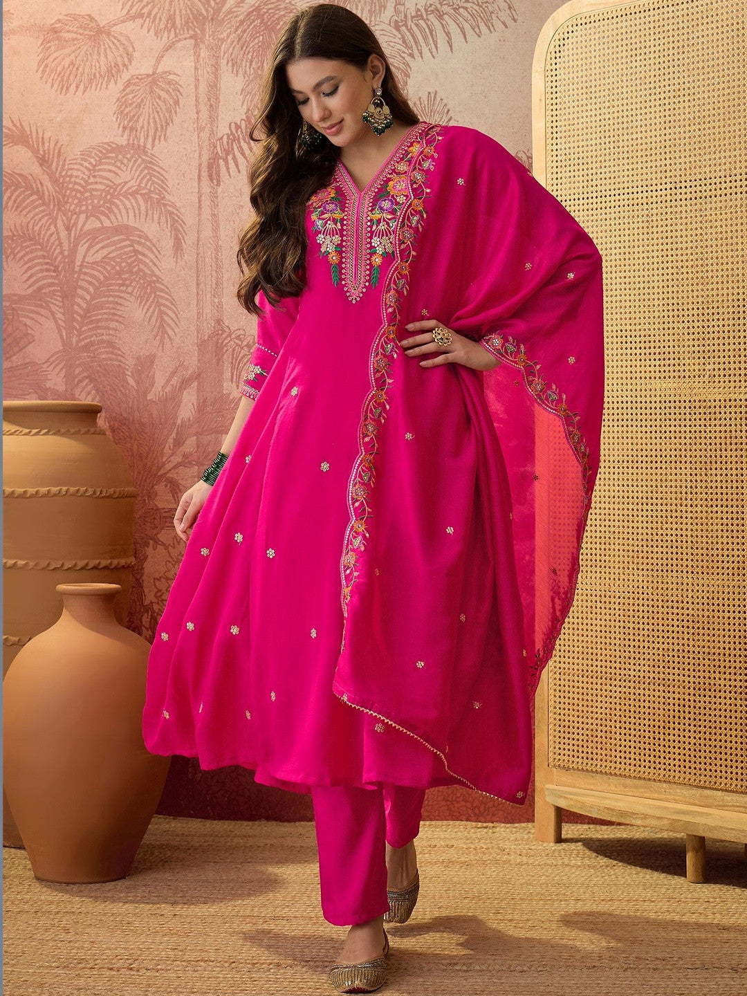 Embroidered V-Neck Kurta & Trousers Kurta Set