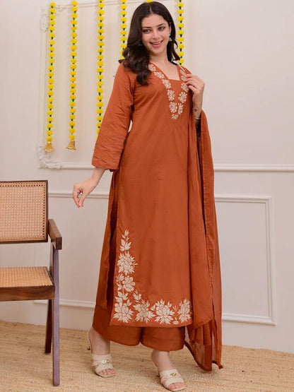 Dhiyona KL Women Floral Embroidered Regular Thread Work Kurta with Palazzos & With Dupatta