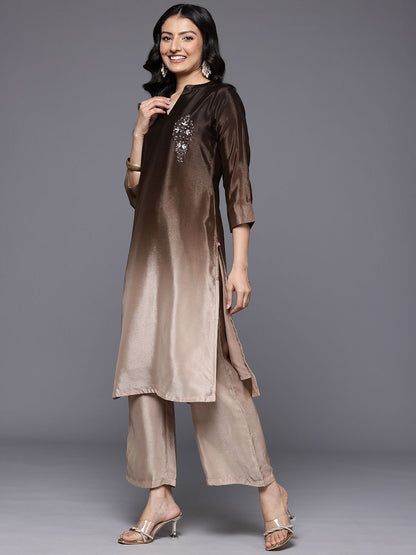 Camel Brown Ombre Sequine Embroidered Kurta with Trouser