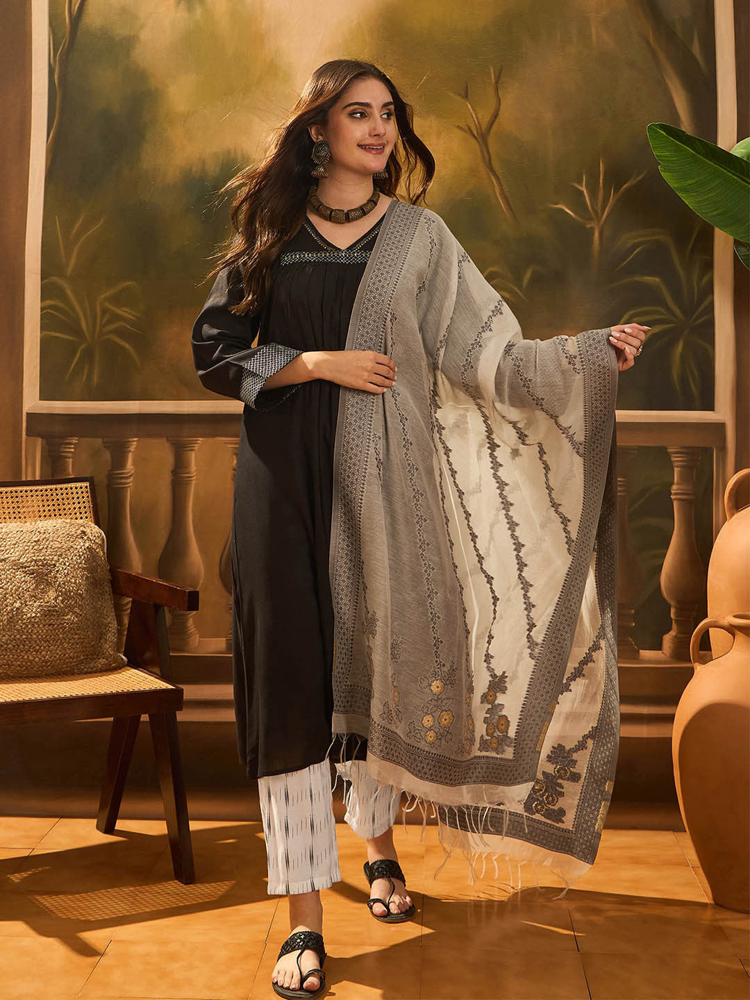 Summer Embroidered Zari V-Neck Straight Kurta & Palazzo With Dupatta