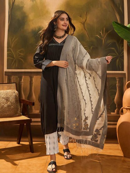 Summer Embroidered Zari V-Neck Straight Kurta & Palazzo With Dupatta
