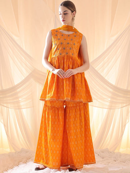 Dhiyona AN Floral Embroidered Empire Pure Cotton Kurti with Sharara & Dupatta