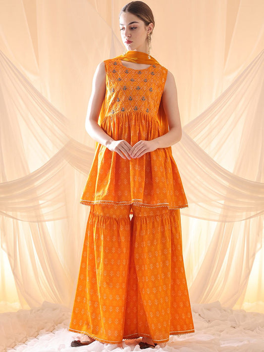 Dhiyona AN Floral Embroidered Empire Pure Cotton Kurti with Sharara & Dupatta