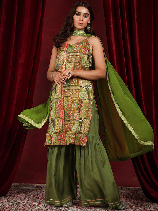 Womens Green Woven Design Straight Kurta With Sharara & Dupatta