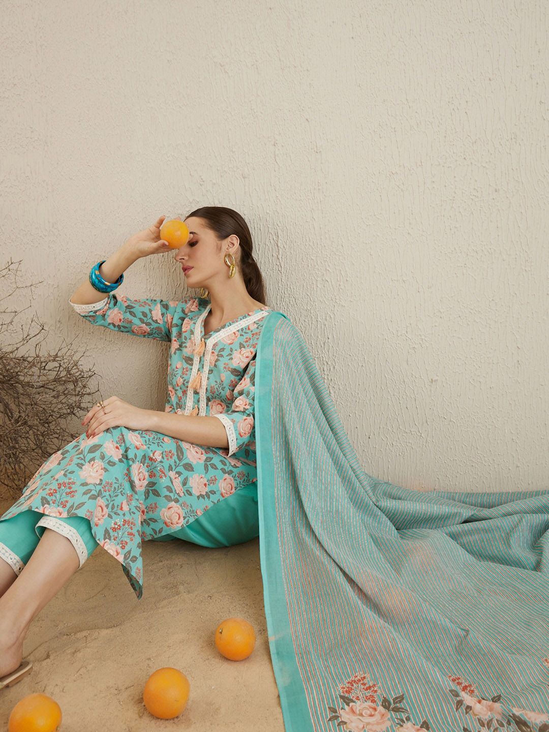 Dhiyona IE V Neck Floral Printed Mirror Work Pure Cotton Kurta with Trouser & Dupatta