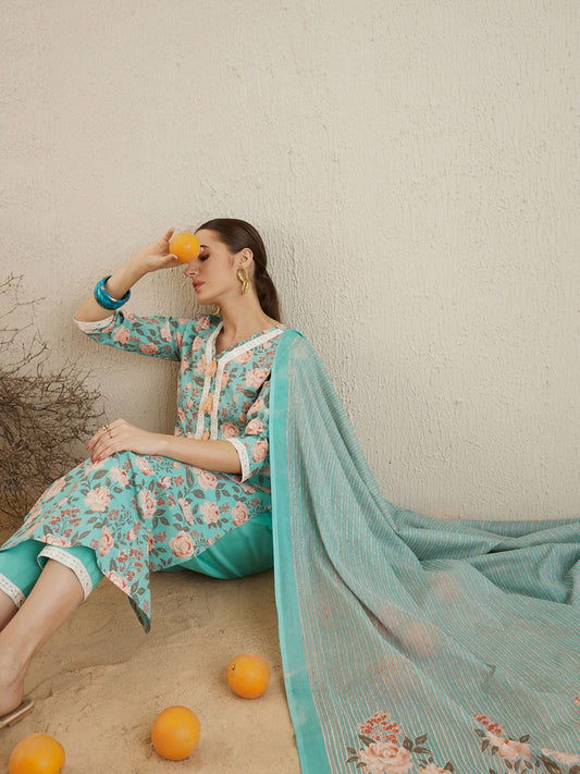 Dhiyona IE V Neck Floral Printed Mirror Work Pure Cotton Kurta with Trouser & Dupatta