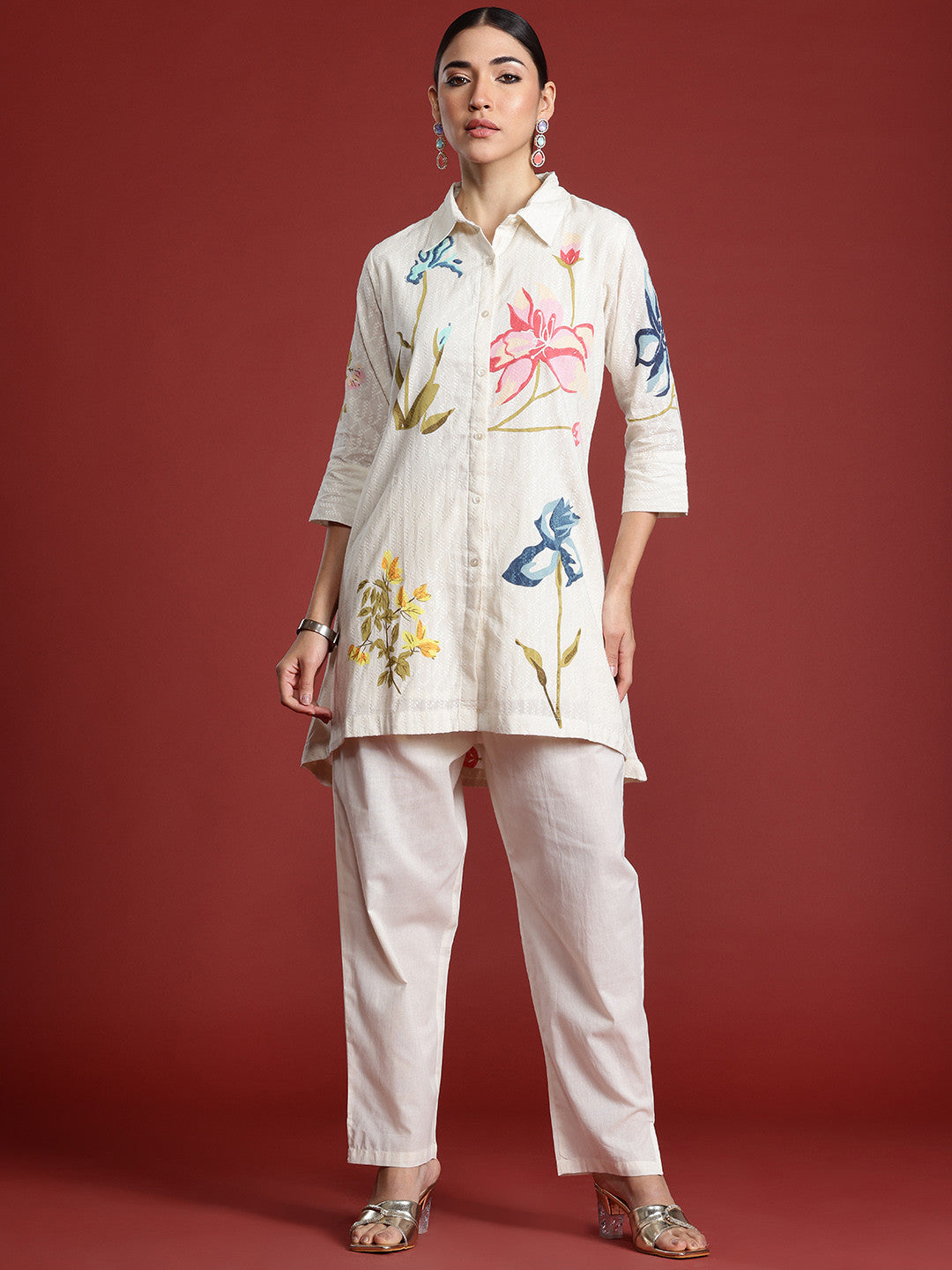 Floral Printed Pure Cotton Kurti with Trousers