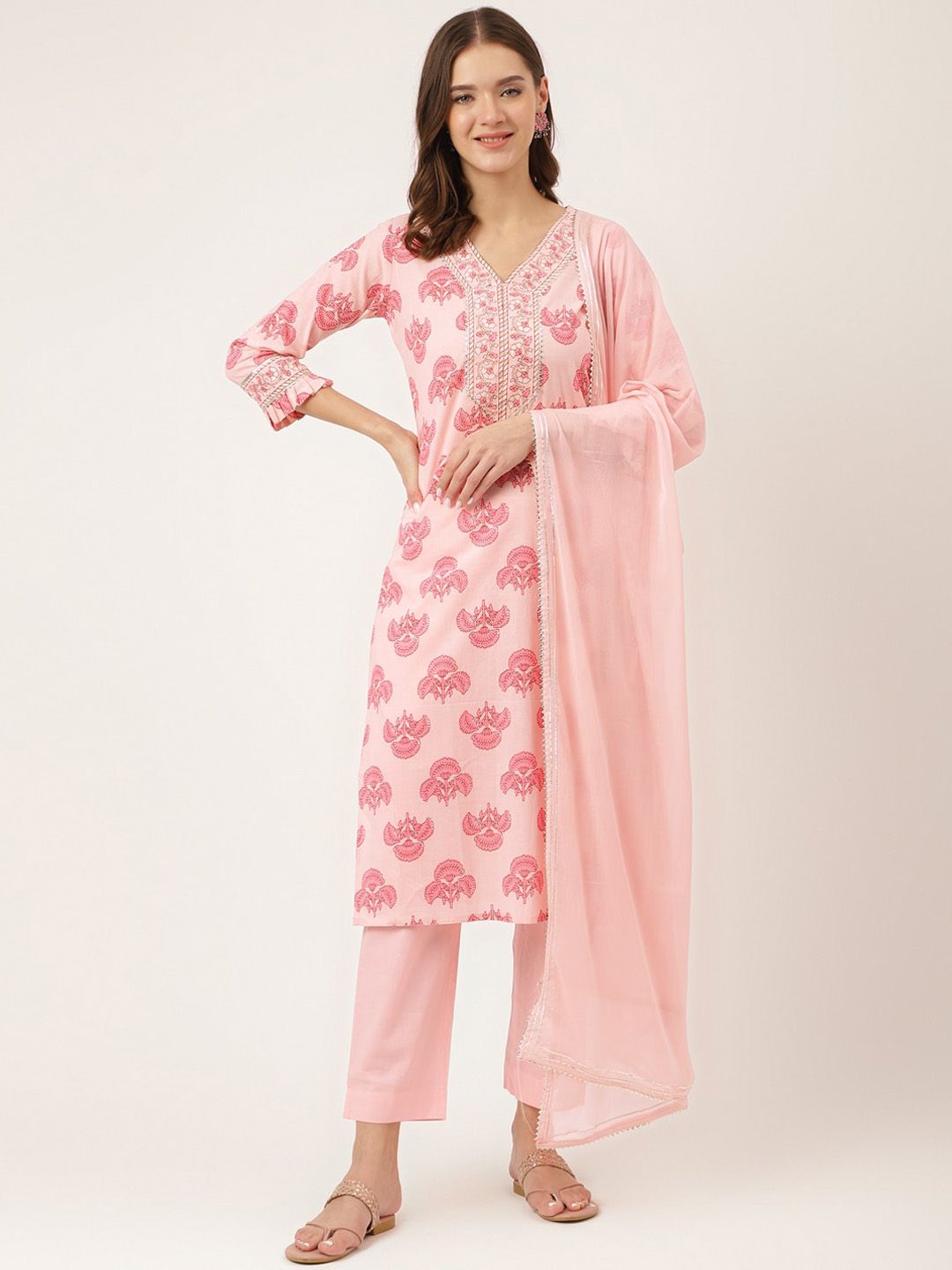 Dhiyona KL Floral Printed Regular Gotta Patti Pure Cotton Kurta With Trousers & Dupatta