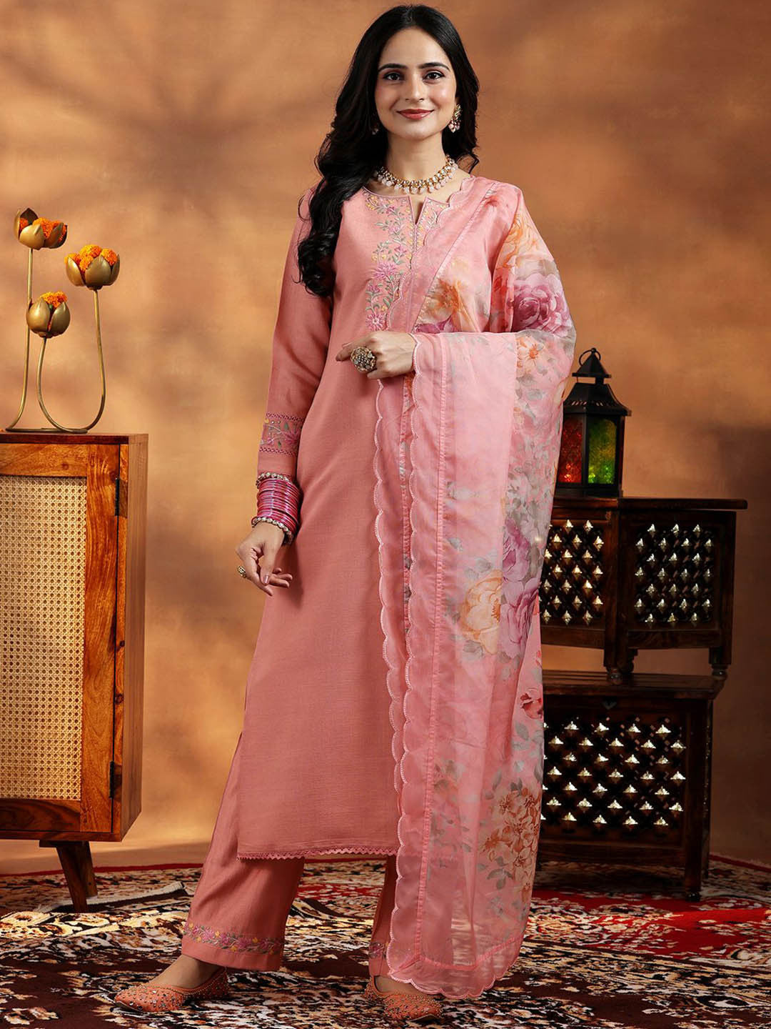 Women Floral Yoke Design Thread Work Kurta with Trousers & With Dupatta