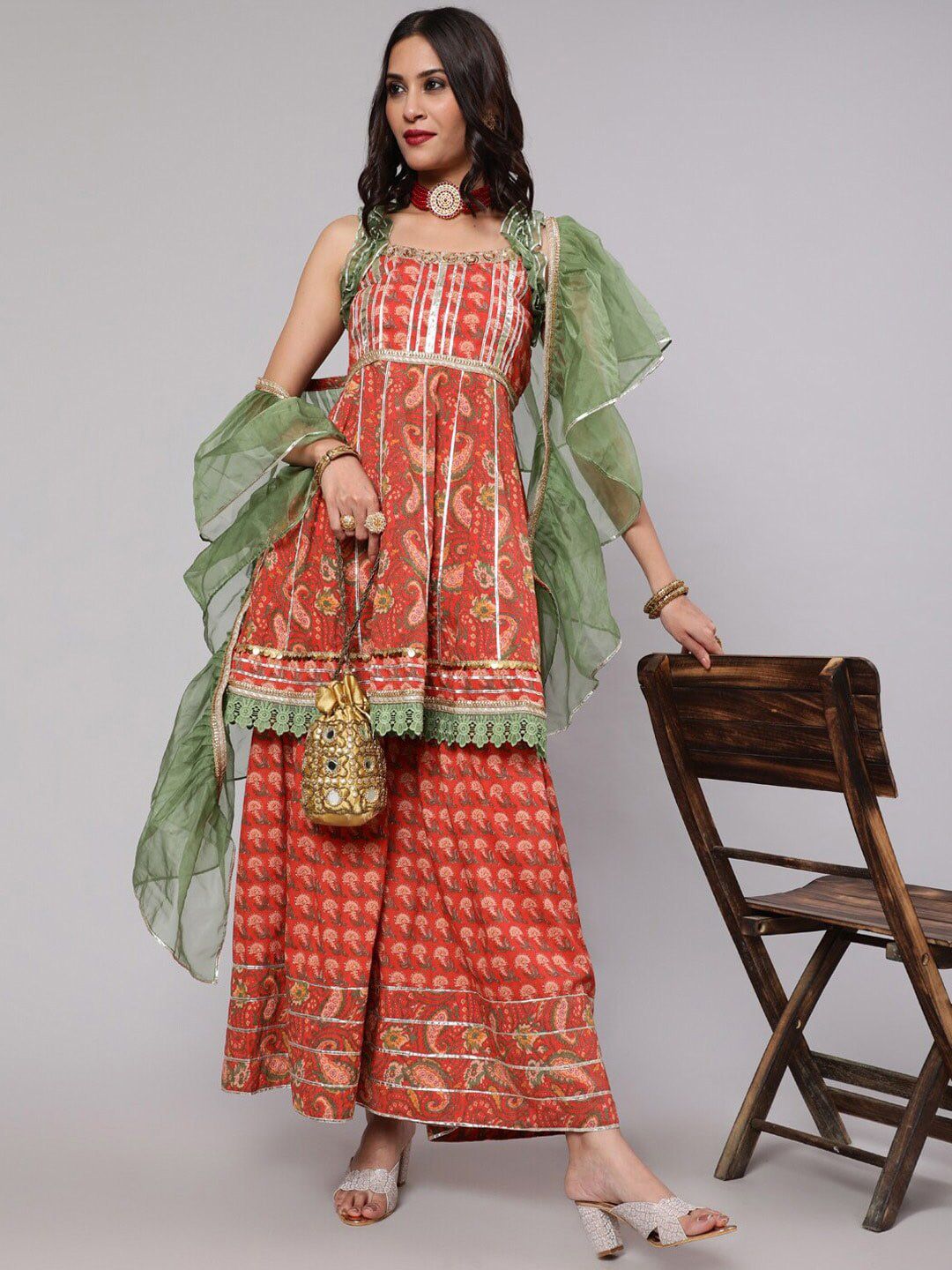 Dhiyona AN Ethnic Motifs Printed Empire Gotta Patti Pure Cotton A-Line Kurta with Sharara