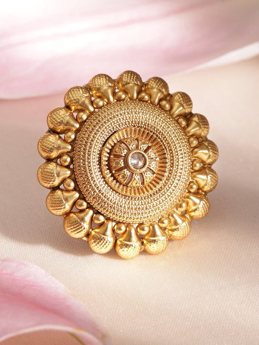 Dhiyona RJ Women's Women 22K Gold-Plated Antique Floral Motif Adjustable Statement Finger Ring
