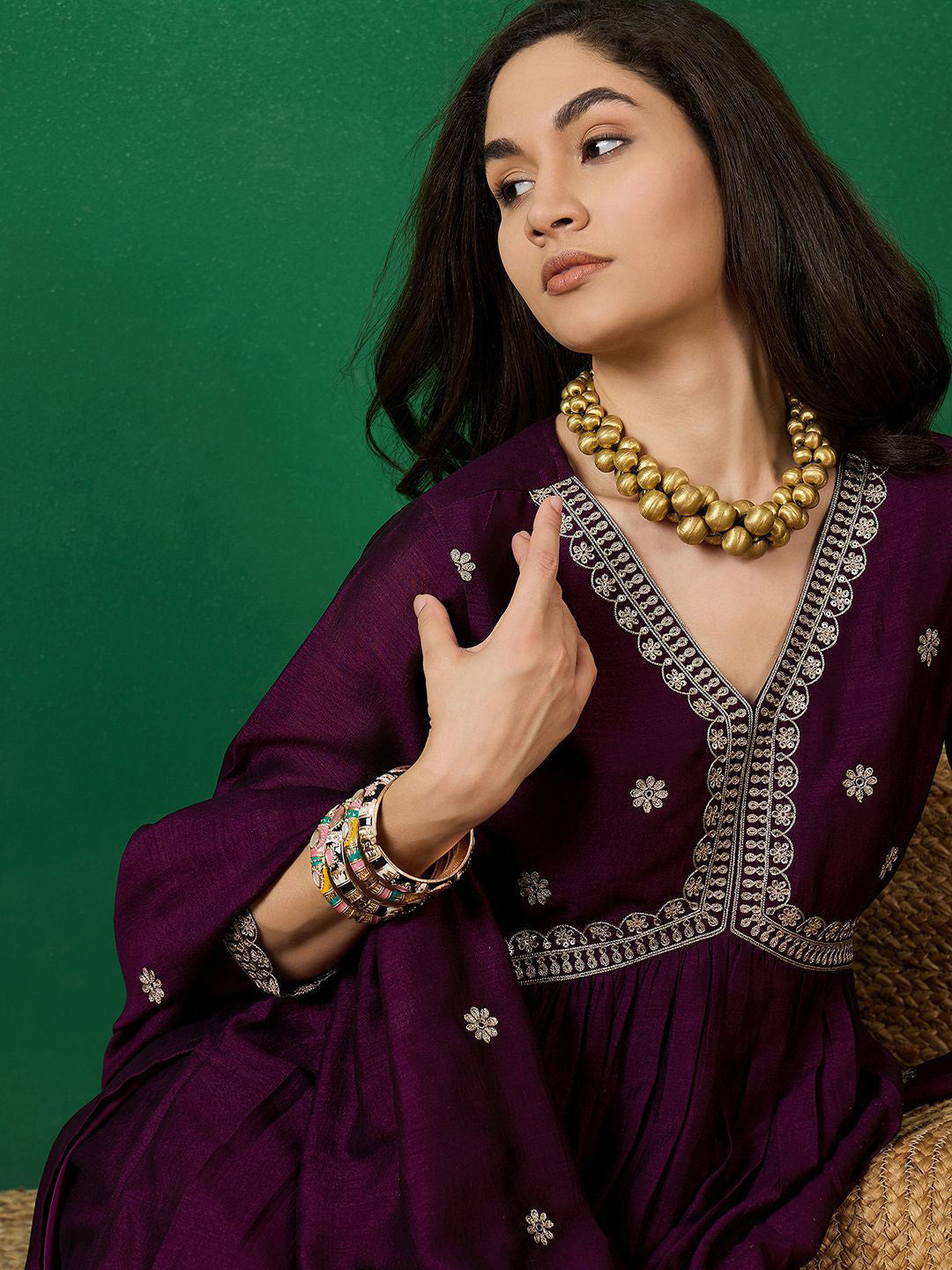 Purple Embroidered Empire Anarkali Kurta With Trousers & Dupatta