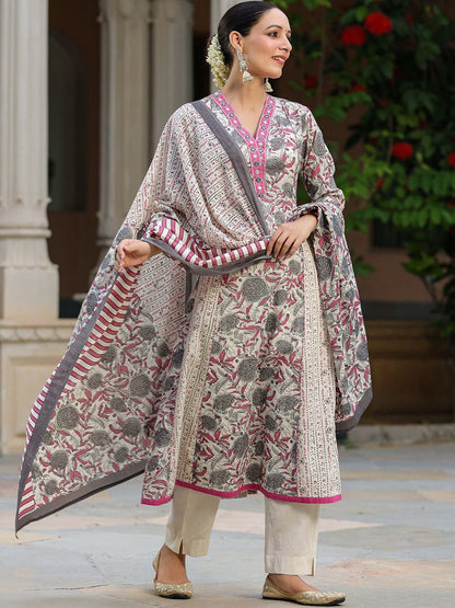Dhiyona RR Women's Floral Printed Mirror Work Pure Cotton Kurta with Trousers & Dupatta