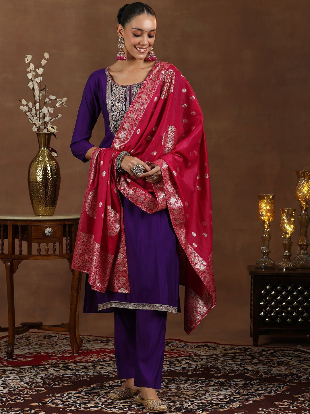 Women Floral Yoke Design Regular Kurta with Trousers & Dupatta